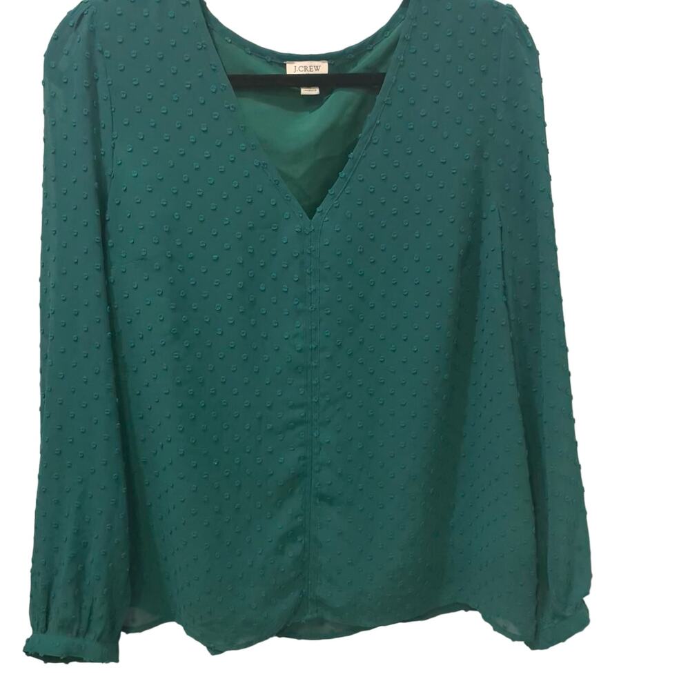 J Crew Swiss Dot Smocked V Neck Long Sleeve Emerald Green Blouse in Size Medium